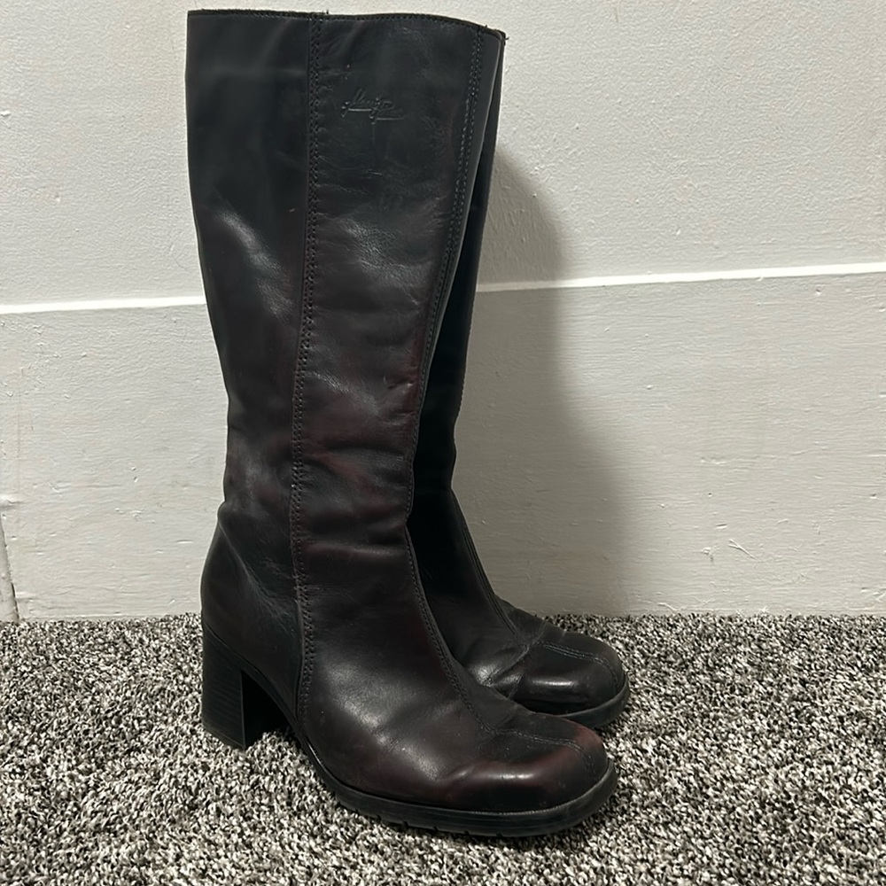 Vintage Oxblood Block Heel Square Toe Knee Boots